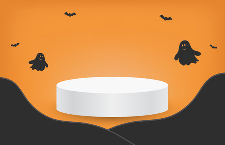 White blank podium for show product with silhouette Halloween theme black ghost, bat concept on orange background, Vector illustrationのイラスト素材