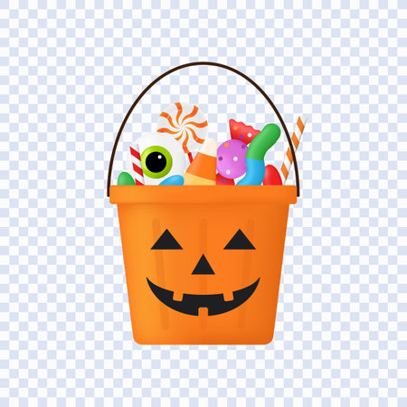 Pumpkin bucket with candies for halloween trick or treat party isolated on transparent background, Vector Illustrationのイラスト素材
