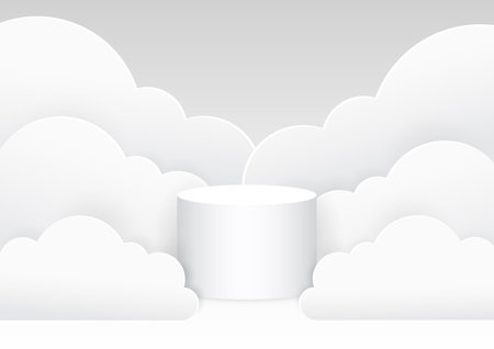 White blank podium stand to show products surround with clouds in paper style, Vector illustration.のイラスト素材