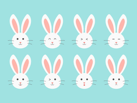 Happy cute white bunny rabbit head in defferent emotion face, cartoon character flat styles for easter holiday, vector illustrationのイラスト素材