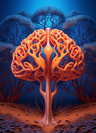 3D illustration of a human brain with nervous system in the backgroundの素材