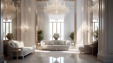 Luxury living room with white walls, tiled floor and luxurious furniture. 3d rendering.の素材