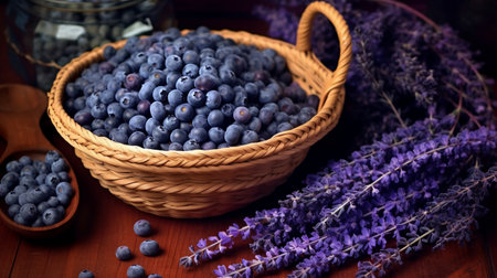 Blueberries in a wicker basket on a wooden table with lavenderの素材
