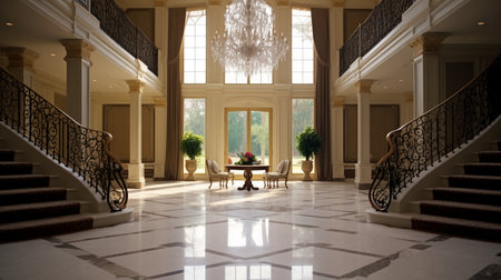 Interior of a hotel lobby with stairs and arched windows.の素材