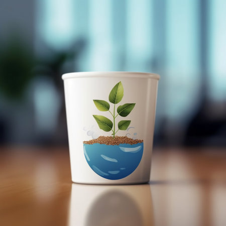 Plant Growing in Paper Cup on Wooden Table with Blurred Backgroundの素材