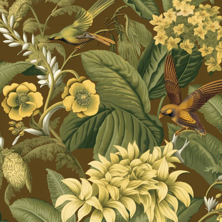 Seamless pattern with yellow flowers and birds. Vector illustration.の素材