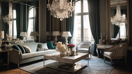 Luxury living room interior with classic furniture. Sofa, armchair, coffee table, bookshelf and chandelierの素材