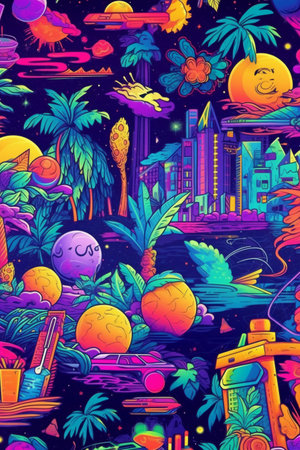 Seamless pattern with colorful cartoon summer city landscape. Vector illustrationの素材