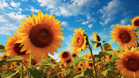Sunflowers field over cloudy blue sky background. Nature composition.の素材