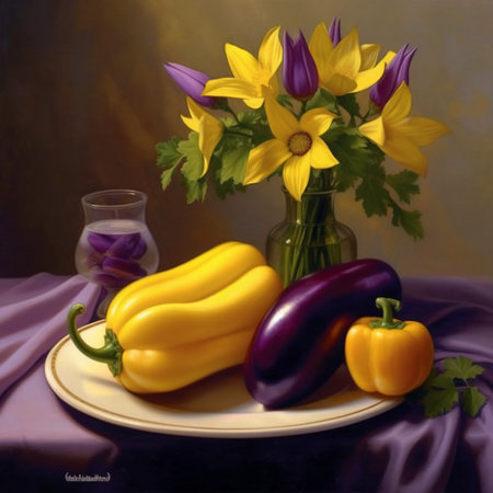 Still life with yellow and purple peppers and a bouquet of flowersの素材