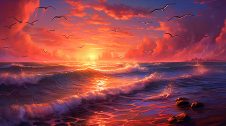 Beautiful seascape with waves and seagulls at sunsetの素材