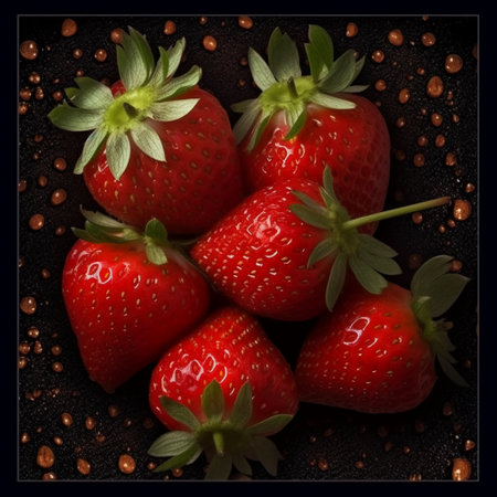 Strawberries on a black background, top view, close-upの素材