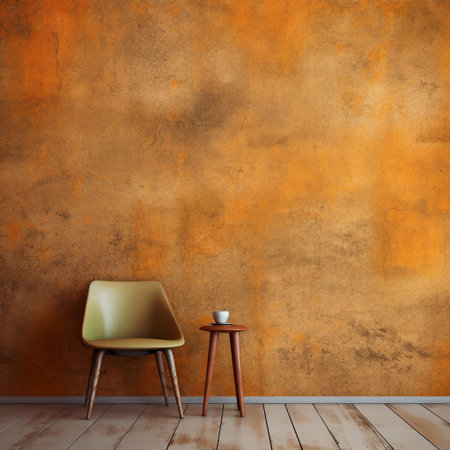 Vintage chair and coffee cup on wooden floor in front of orange wallの素材