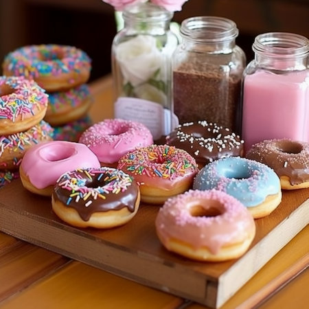 assorted donuts with chocolate, pink glazed and sprinkles donuts.の素材