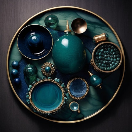 Top view of turquoise tableware on dark wooden background.の素材