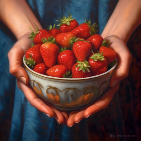 Strawberries in the hands of a girl on a blue backgroundの素材