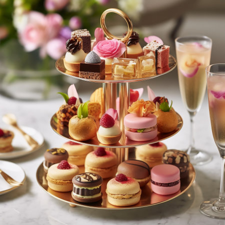 Dessert table with variety of pastries and cupcakes, selective focusの素材