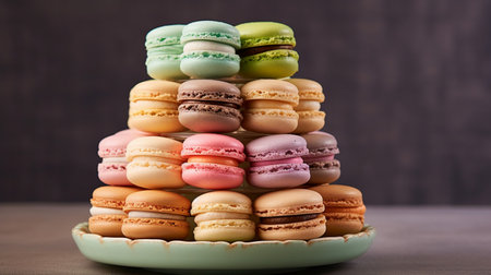 Colorful macaroons on a plate on a wooden background.の素材