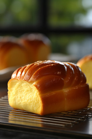 Freshly baked sweet buns on cooling rack in kitchen, closeupの素材