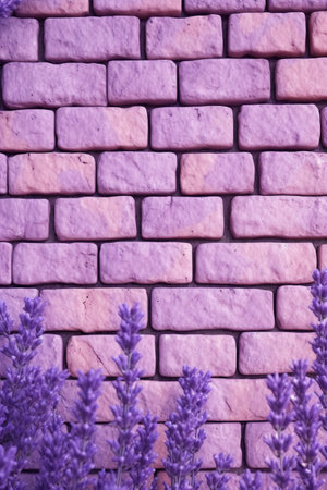 Purple brick wall with lavender flowers, closeup of photoの素材