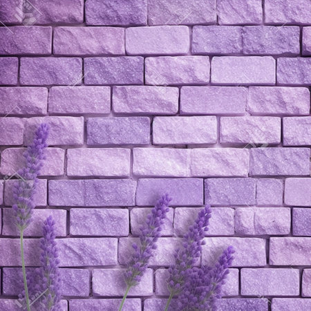 Purple lavender flowers on a pink brick wall background, top viewの素材