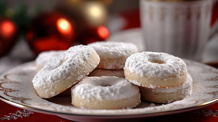 Christmas cookies with powdered sugar on a red plate, close-upの素材