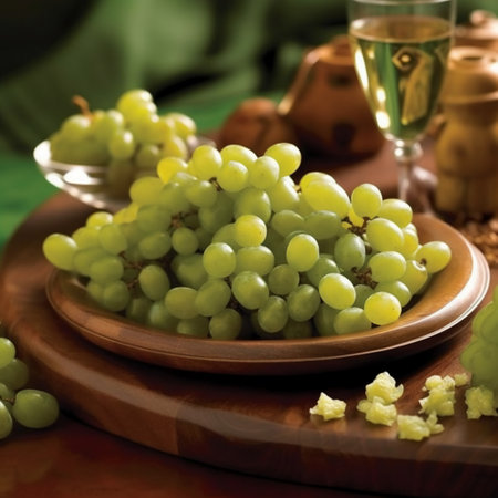 Bunch of green grapes and glass of white wine on wooden tableの素材