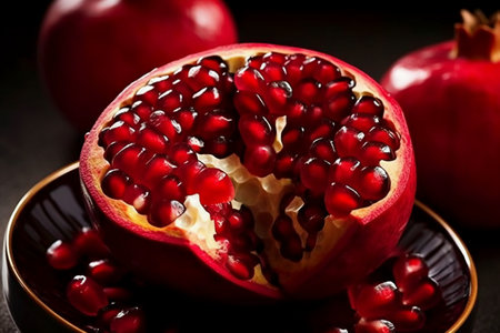 Ripe pomegranate fruit on a dark background close upの素材