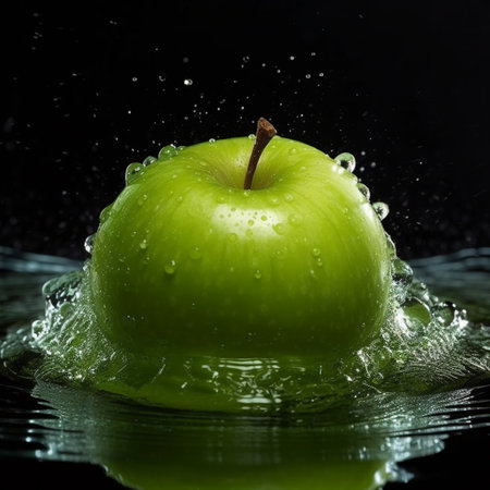 Green apple with water drops on a black background. Shallow DOF.の素材