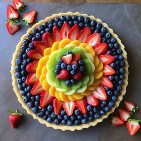 Fruit tart with strawberries, blueberries, raspberries and kiwi on gray backgroundの素材