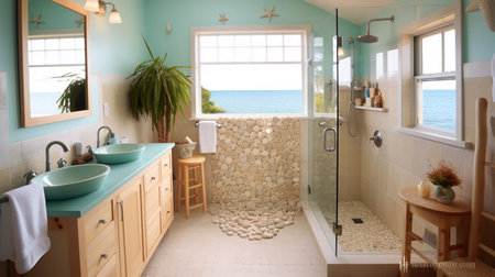 Interior of a modern bathroom with a beautiful view of the seaの写真素材