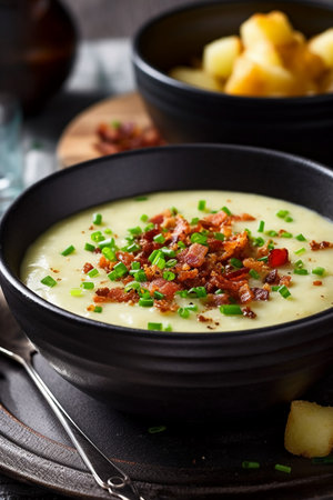 Creamy potato soup with bacon and chives, selective focusの写真素材