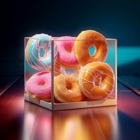 Glazed donuts in a box on a dark background. 3d renderingの写真素材