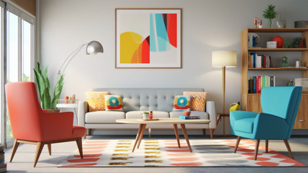 Interior of living room with sofa, armchair, coffee table and poster. 3d renderの写真素材