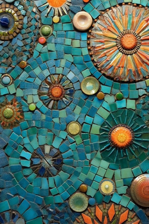 Detail of a colorful ceramic mosaic on a wall in Lisbon, Portugalの写真素材