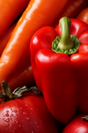 Red pepper and orange bell pepper with water drops on a dark backgroundの素材