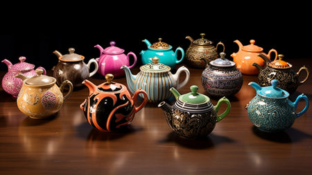 Collection of colorful ceramic pots and teapots on wooden table.の素材