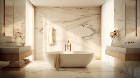 Interior of modern bathroom with white marble walls, tiled floor, comfortable white bathtub and double sink. 3d renderingの素材