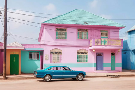 Old car parked in front of colorful house in Trinidad, Cuba.の素材