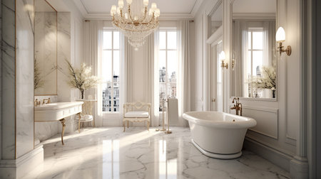 Luxury bathroom with white marble walls and floor. 3d rendering.の素材