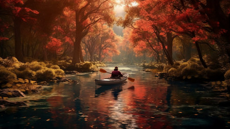 Man rowing in a kayak in the autumn forest. This is a 3d render illustrationの素材