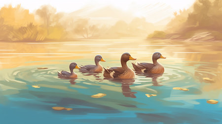 Ducks swimming on the lake in the autumn. Illustration.の素材