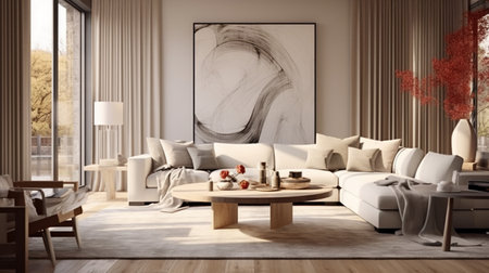 Modern living room interior design with sofa, coffee table and painting on wall. 3D Renderingの素材