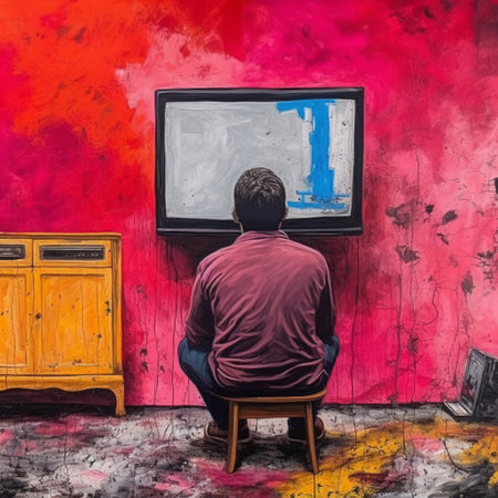 Man sitting on a chair in front of the TV and painting on the wallの素材