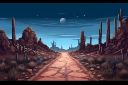 Illustration of a desert road at night with cactus and moonの素材