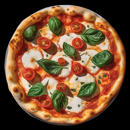 Pizza Margherita with mozzarella cheese, tomatoes and basil isolated on black backgroundの素材