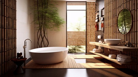 Interior of modern bathroom with wooden walls, concrete floor, comfortable white bathtub and round mirror. 3d renderingの素材
