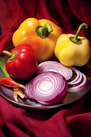 Vegetables on a plate on a red tablecloth. Top view.の素材