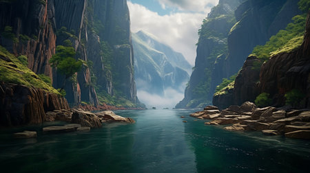 Beautiful scenery of a river flowing through the mountains. 3d renderingの素材
