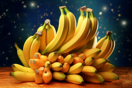 Bunch of bananas on a table with a blurred background. 3d renderingの素材